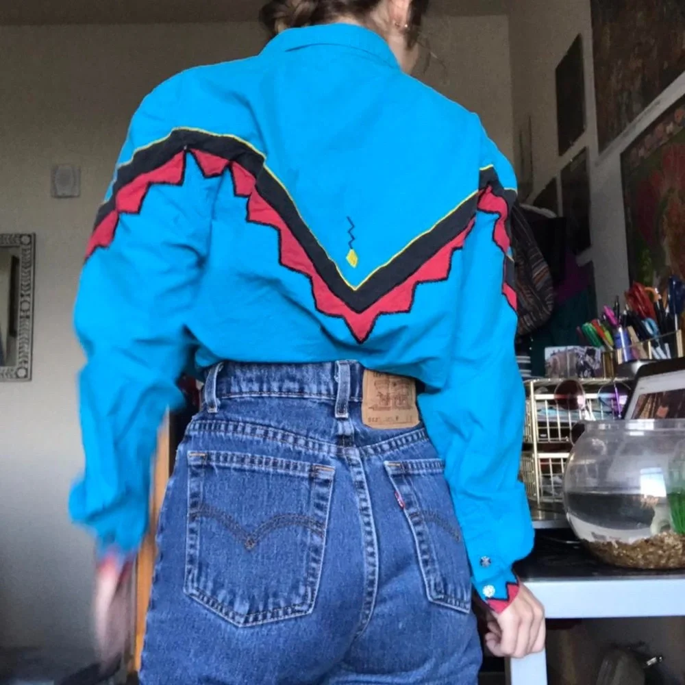 Vibrant Vintage Western Button-Up Neon Blue With Hot Pink and Yellow Details - Picture 2 of 4